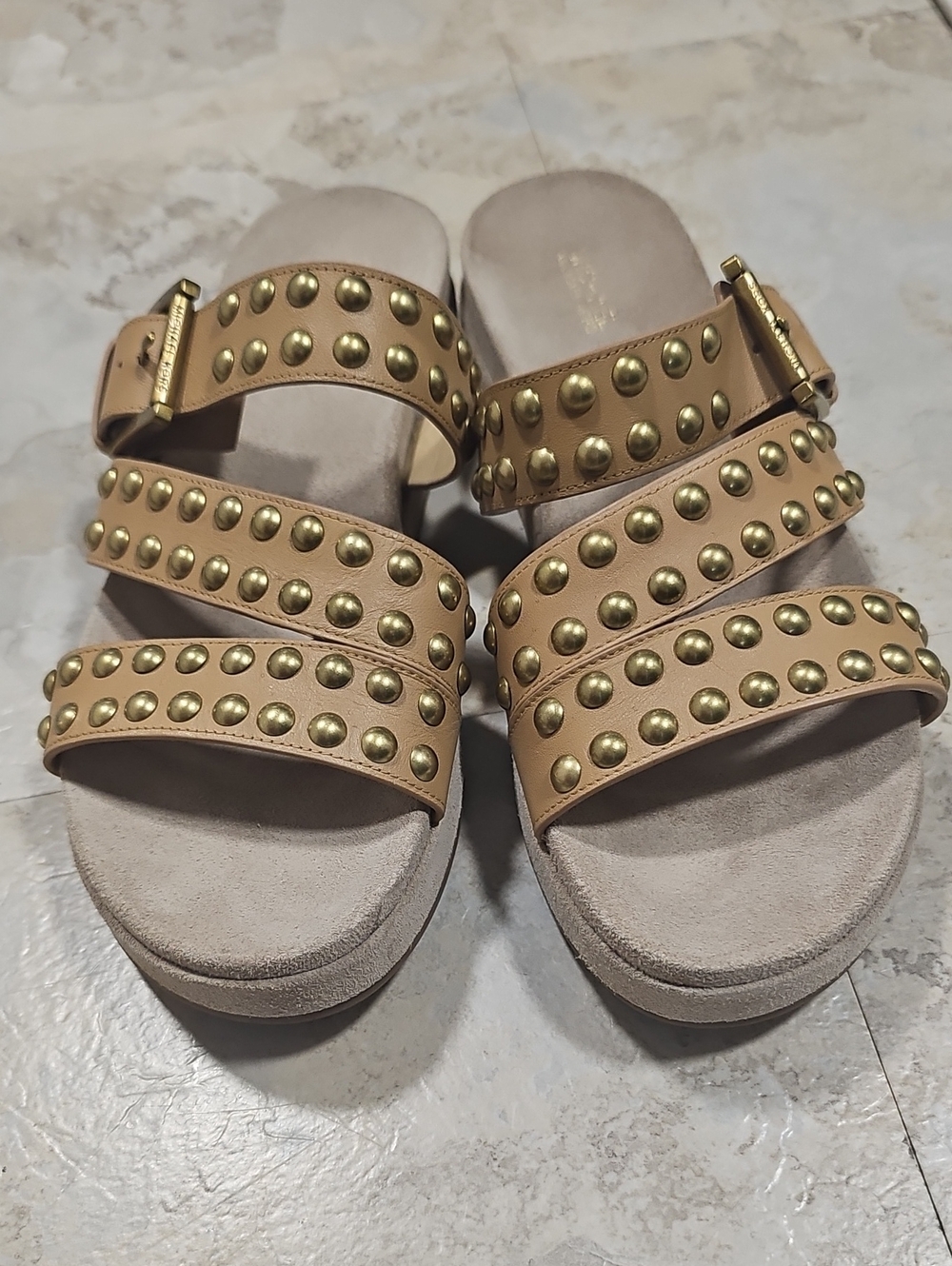 Michael Kors Leather Gold-Studded Tan Triple-Strap Slide Sandals